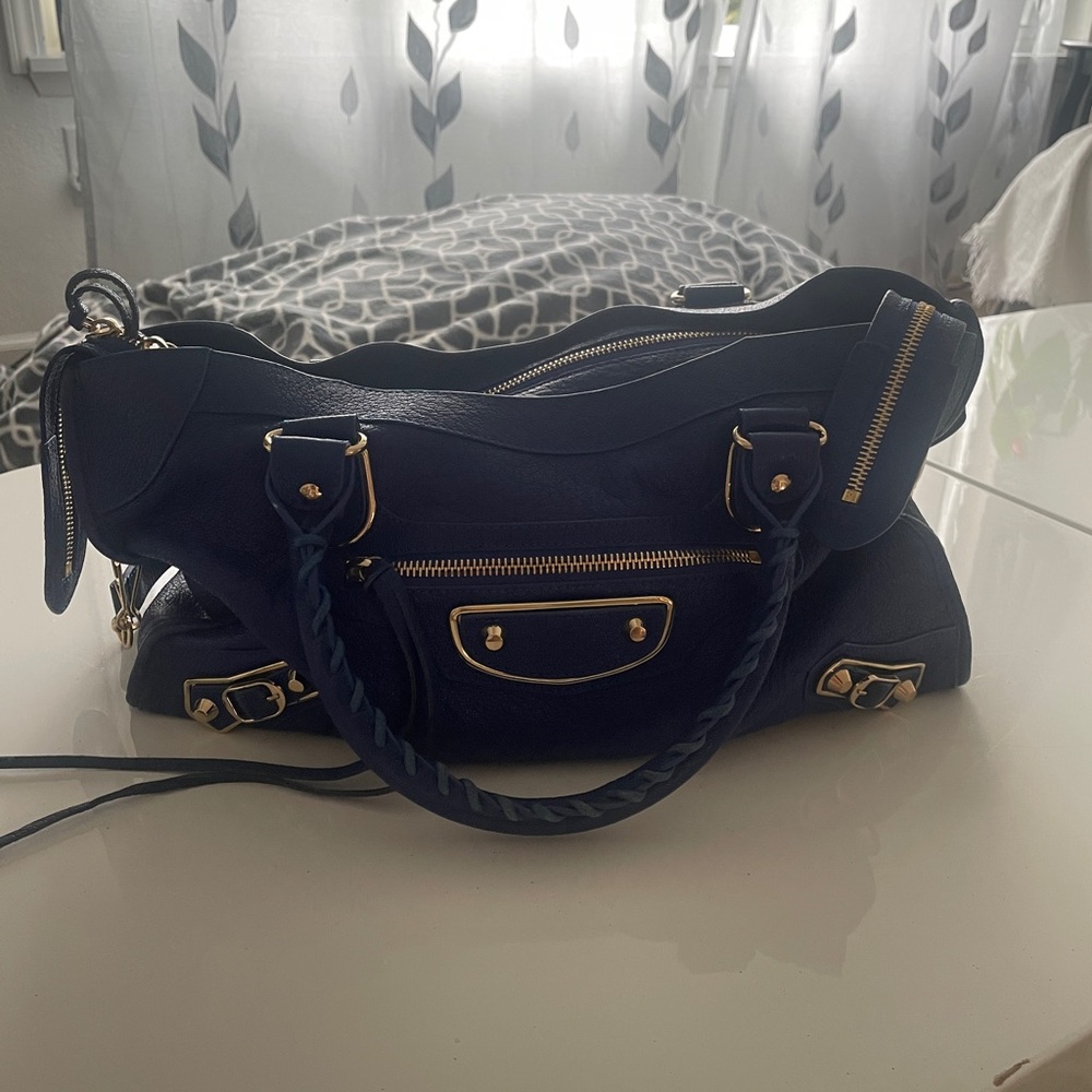 Balenciaga Navy Blue Crossbody Bag with Gold Accents